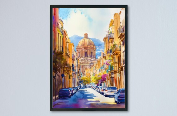 Palermo Sicily Street Watercolor Domed Church Cars Mountain View Poster