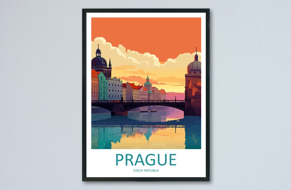 Prague Czech Republic Sunset Bridge River Golden Sky View Poster