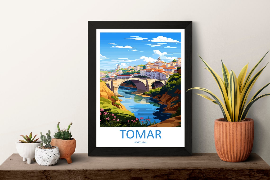 Tomar Portugal Stone Bridge River Gorge Hillside Town Poster - Image 3