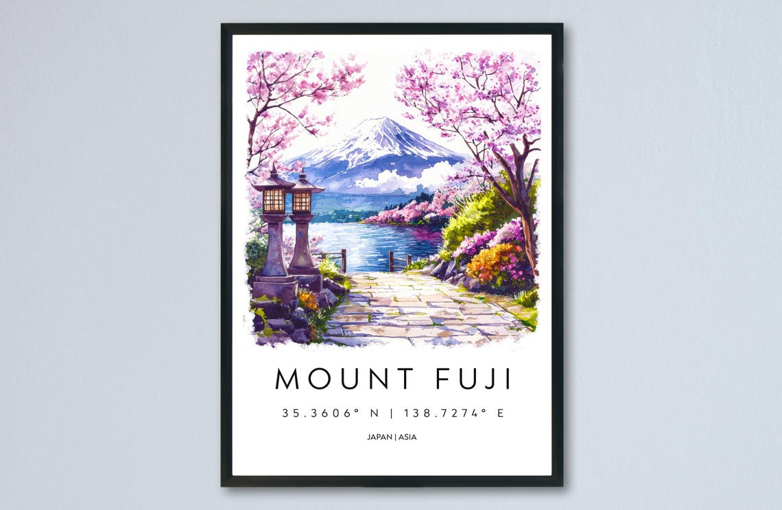 Mount Fuji Japan Cherry Blossom Stone Lanterns Spring Travel Poster