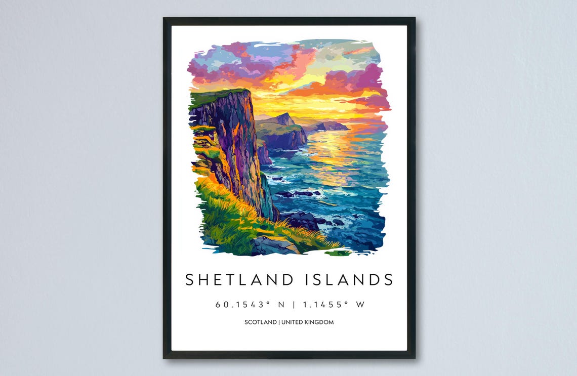 Shetland Islands Sea Cliffs Sunset Coastal Scotland Watercolor Poster