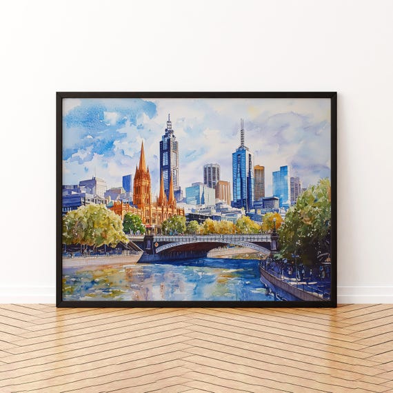 Melbourne Watercolor Poster Landscape Wall Art Hanging Home Dcor Gift Lovers Australia