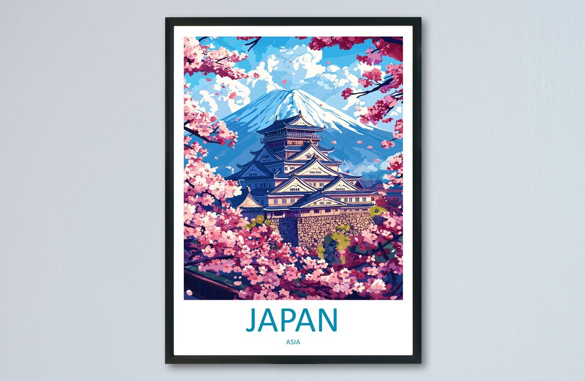 Japan Travel Poster with Castle Cherry Blossoms and Mount Fuji