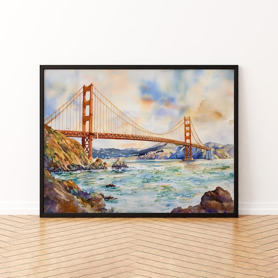 Golden Gate Bridge San Francisco Bay Watercolor Art View Poster