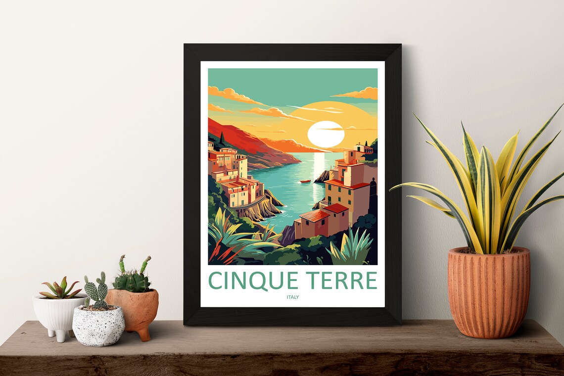 Cinque Terre Italy Cliffside Fishing Village Golden Sunset Poster - Image 3