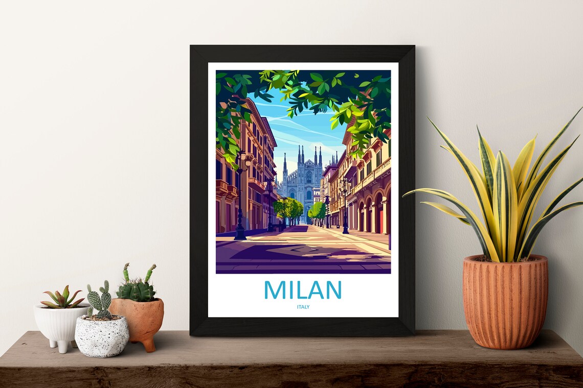 Milan Italy Street Poster with Duomo Cathedral in Leafy Avenue - Image 3