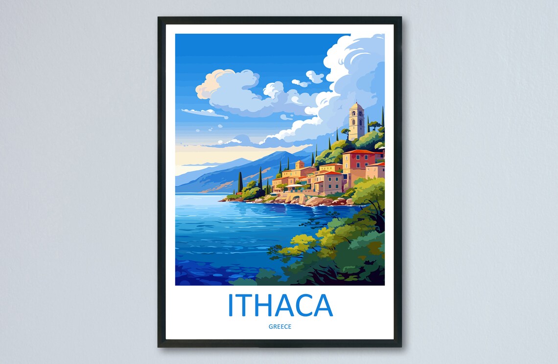Ithaca Coastal Village With Bell Tower and Blue Sea Greece Poster