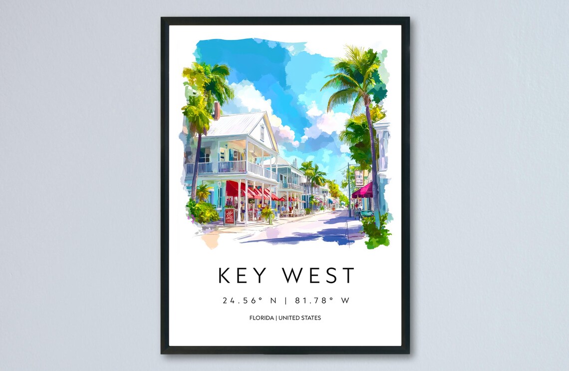 Key West Old Town Street Watercolor Florida Tropical Scene Poster