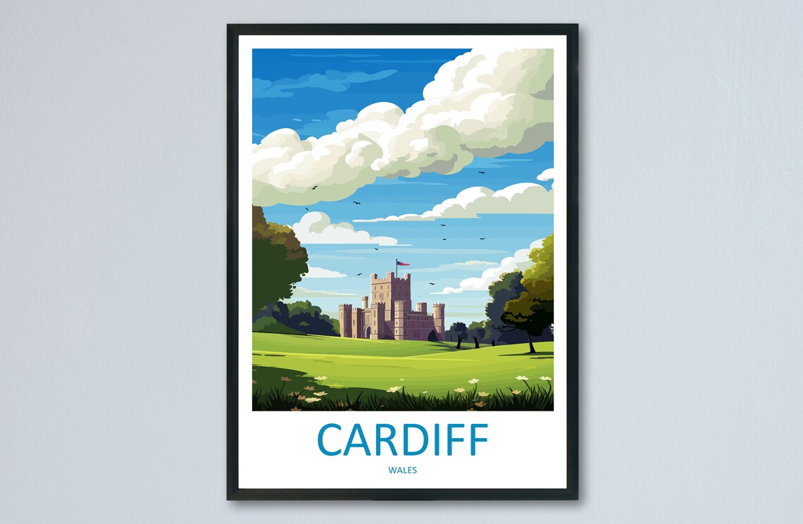 Cardiff Castle Wales Green Hillside Vintage Travel Poster Art