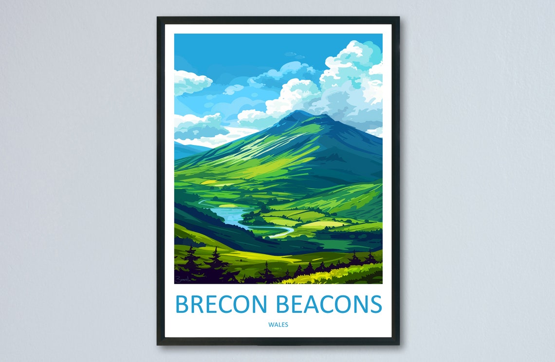Brecon Beacons Green Mountain Valley River Wales Travel Poster