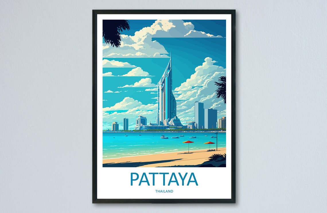 Pattaya Retro Thailand Beach Skyline Umbrellas Travel Poster