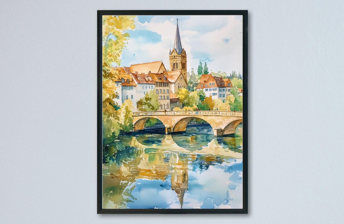 Stone Bridge Church Tower Riverside Germany Watercolor Poster