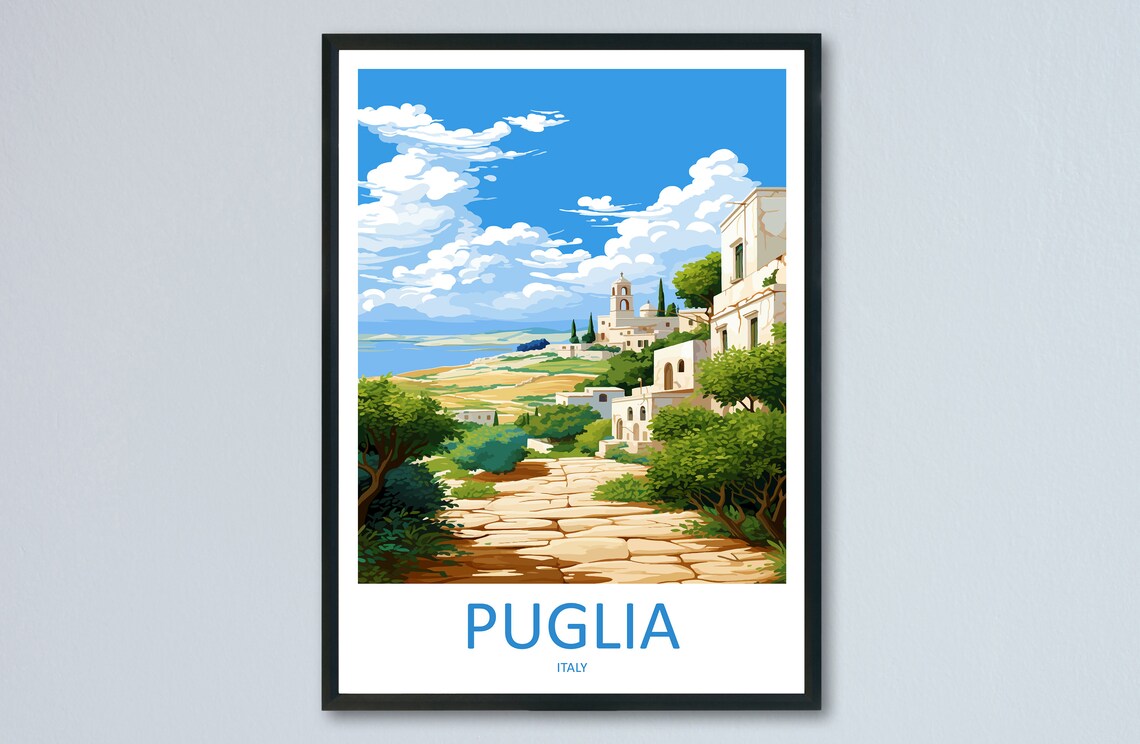 Puglia Italy Countryside Stone Lane Hill Village Travel Poster