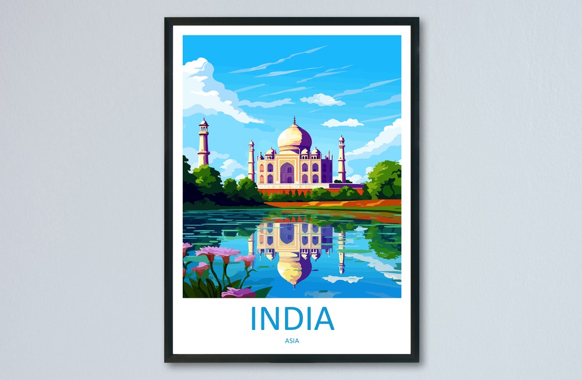 Taj Mahal Reflection Lotus Flowers India Illustrated Travel Poster