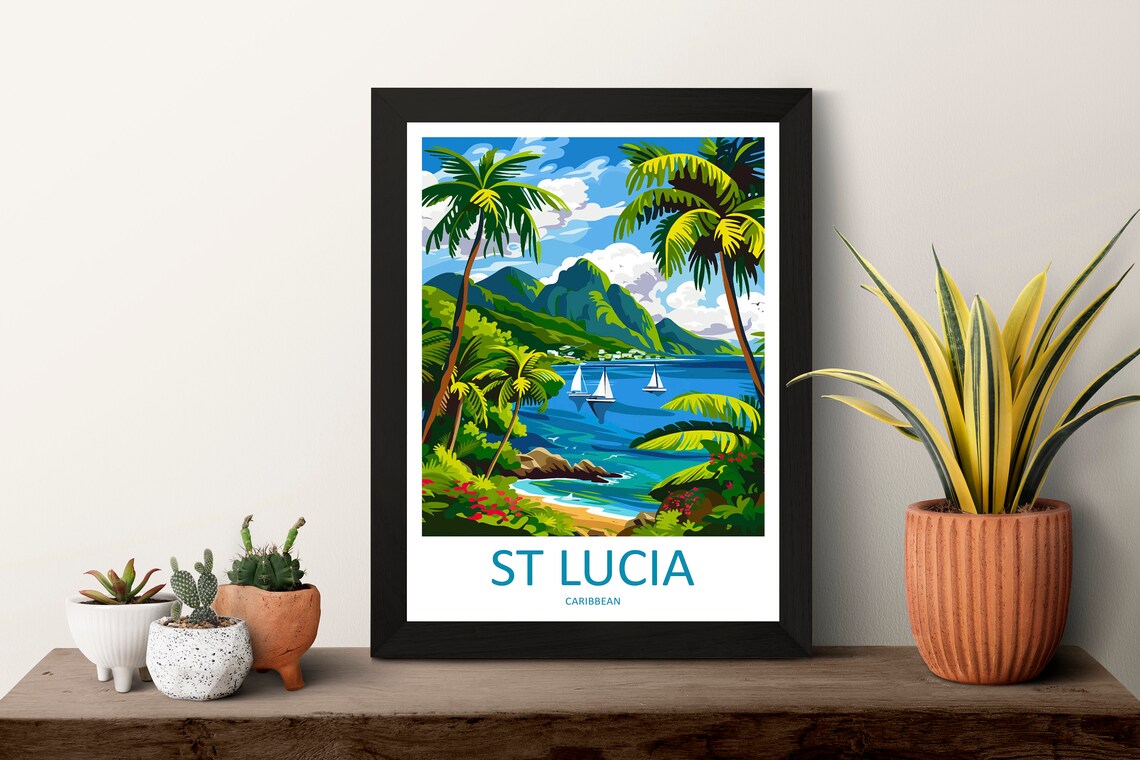 St Lucia Caribbean Pitons Palms Sailboats Bay Island View Poster - Image 3