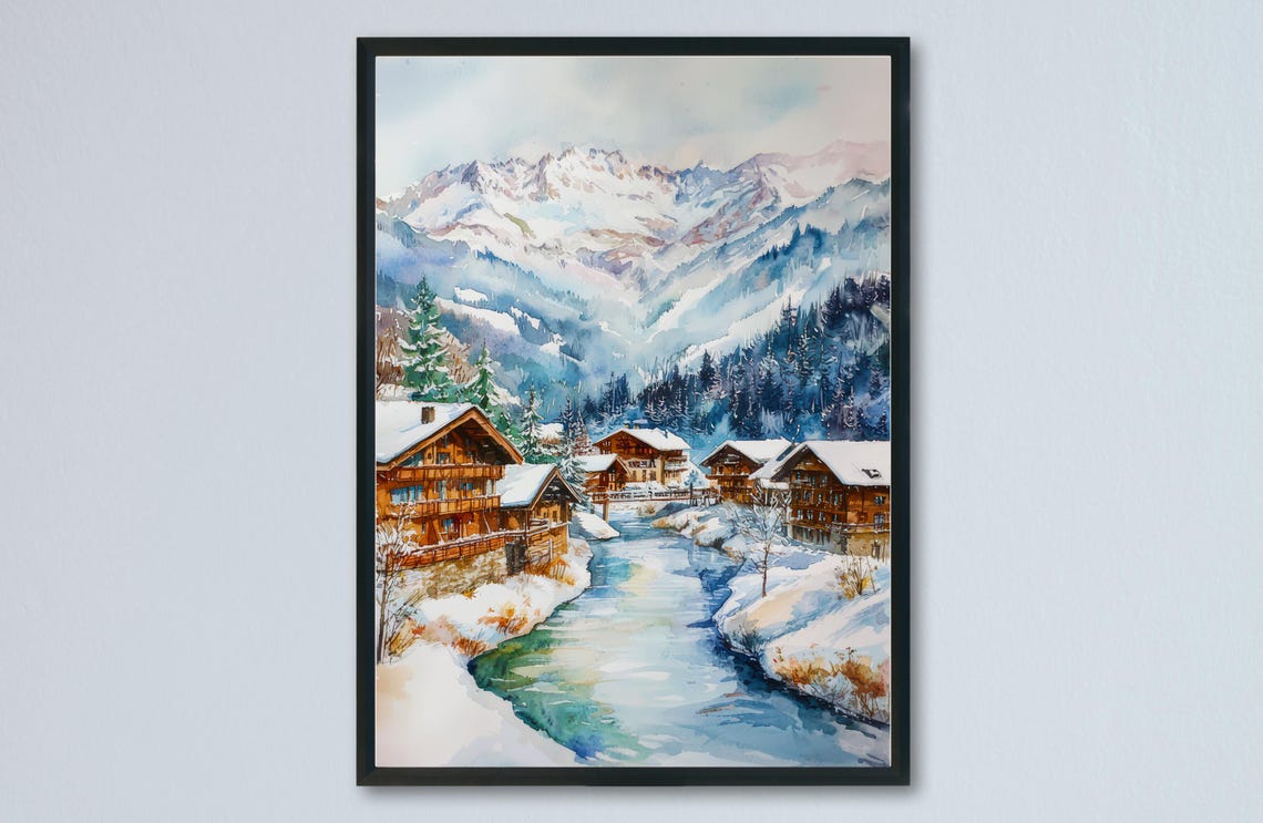 Gstaad Snowy Chalets Icy River Winter Watercolor Travel Poster