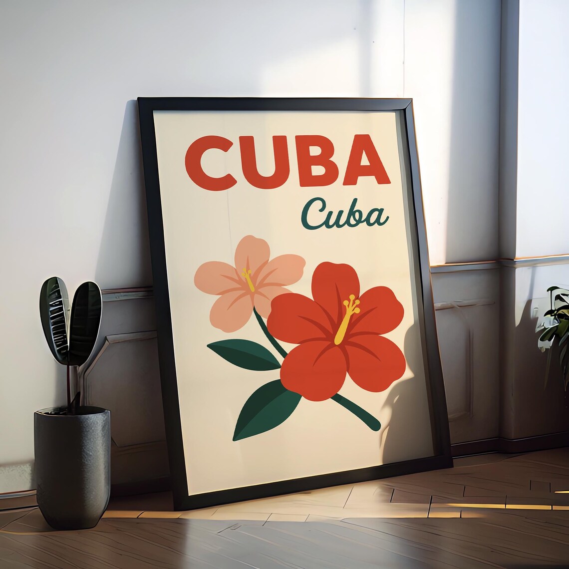 Cuba Island Retro Travel Poster Red Hibiscus Flower Minimal Pop Art