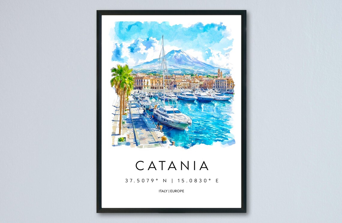 Catania Italy Watercolor Travel Poster Harbor With Mount Etna View