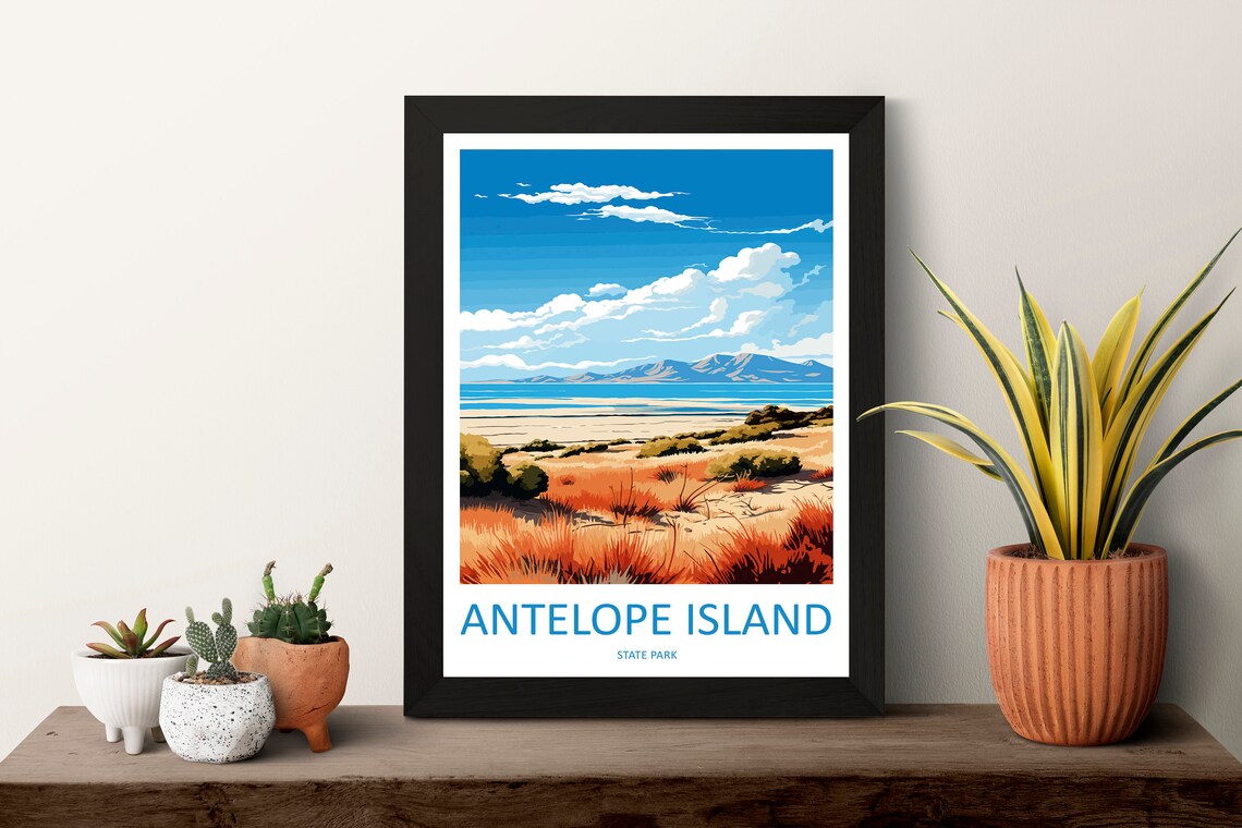 Antelope Island State Park Lake Grassland Mountain Travel Poster - Image 3