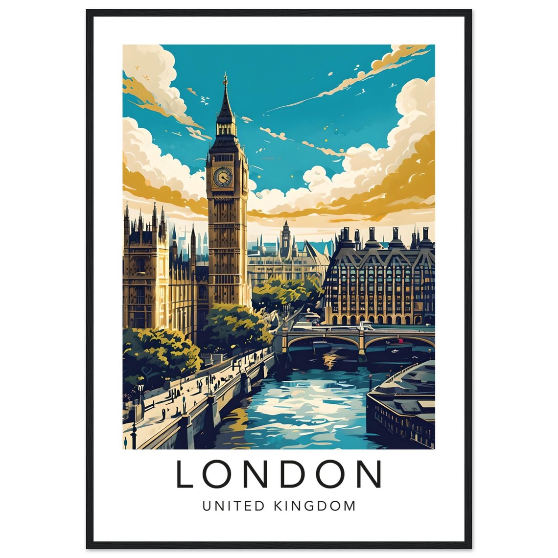 London United Kingdom Vintage Travel Poster Big Ben Parliament Retro Illustration