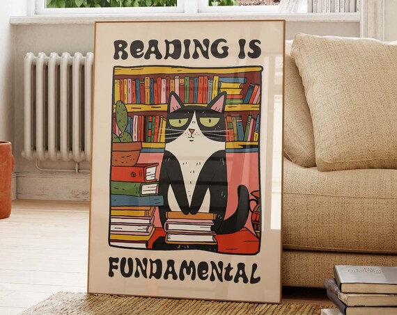 Reading Is Fundamental Retro Cartoon Cat Library Book Poster