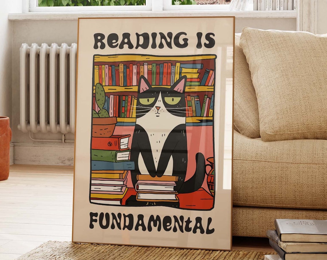 Reading Is Fundamental Retro Cartoon Cat Library Book Poster