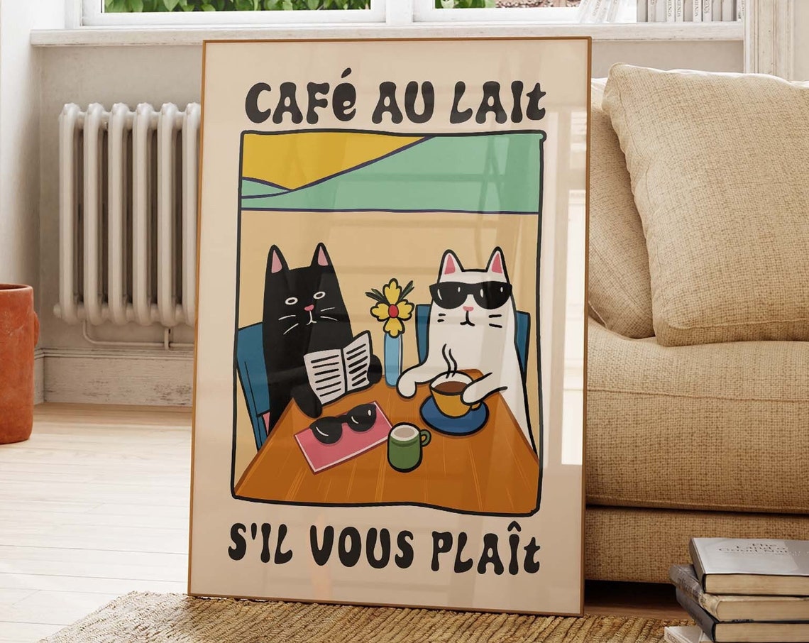 Cafe Au Lait Sil Vous Plait Two Funny Cats At French Cafe Table Poster