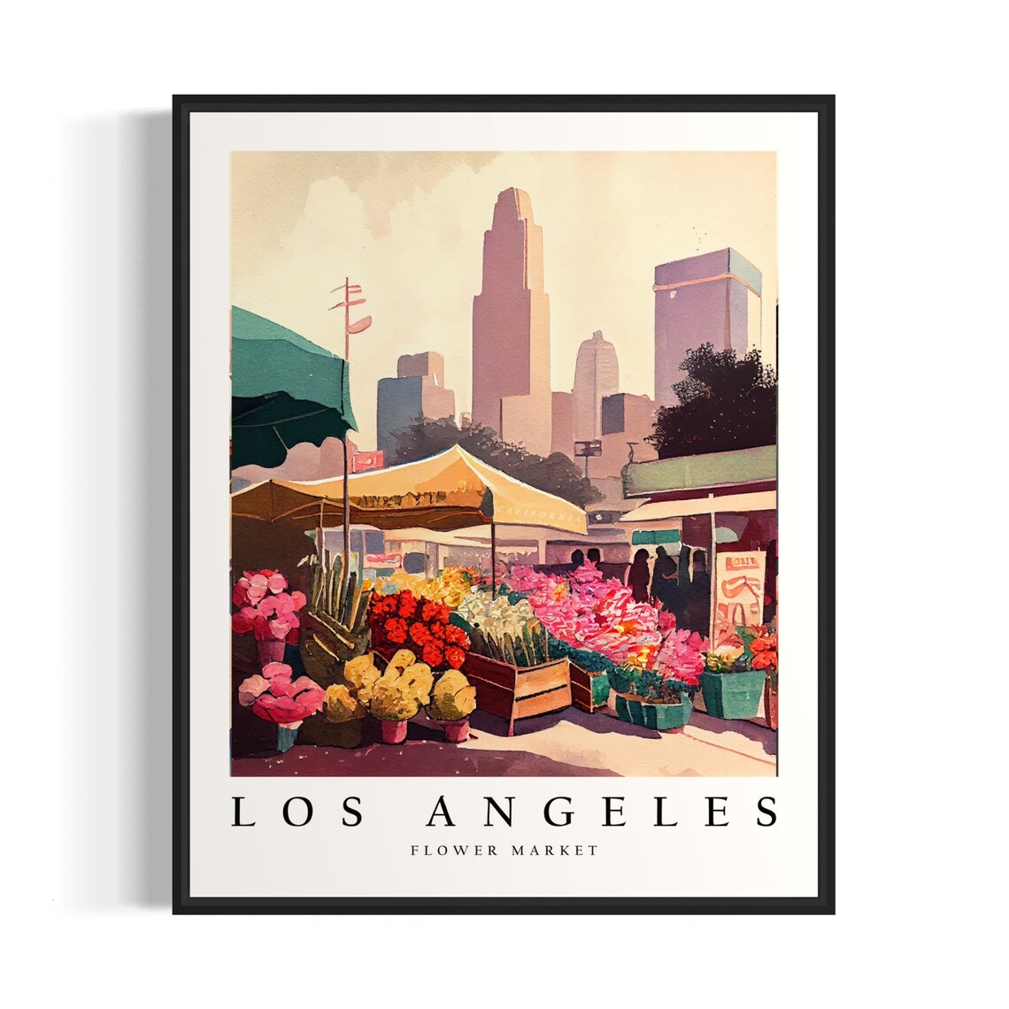 Los Angeles Flower Market Watercolor Skyline Botanical Art Poster