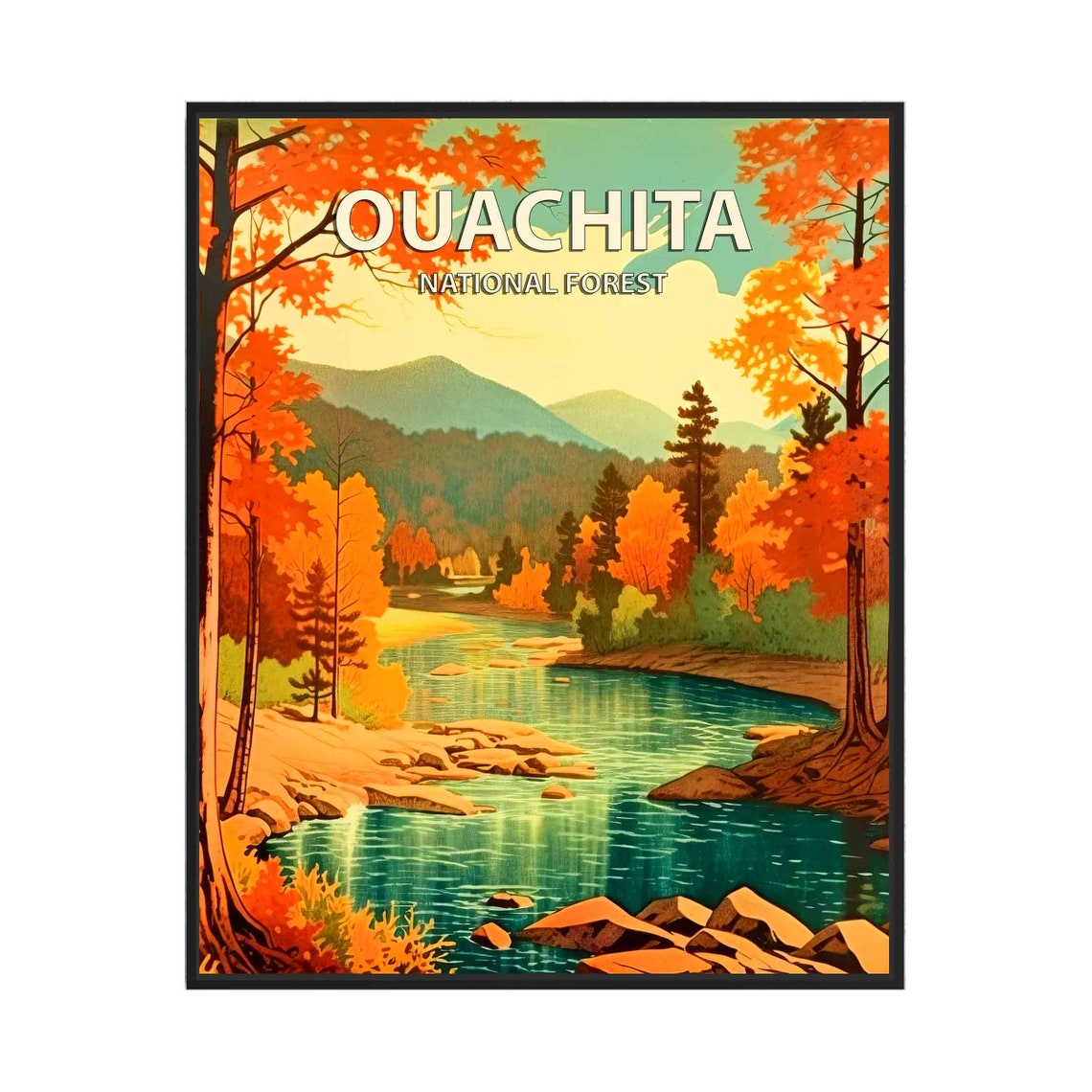 Ouachita National Forest Autumn River Valley Retro Art Poster
