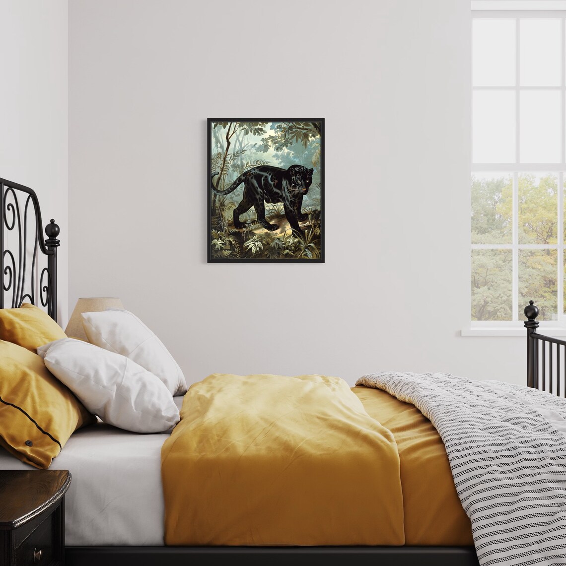 Black Panther in Lush Jungle Vintage Wildlife Painting Wall Art - Image 2