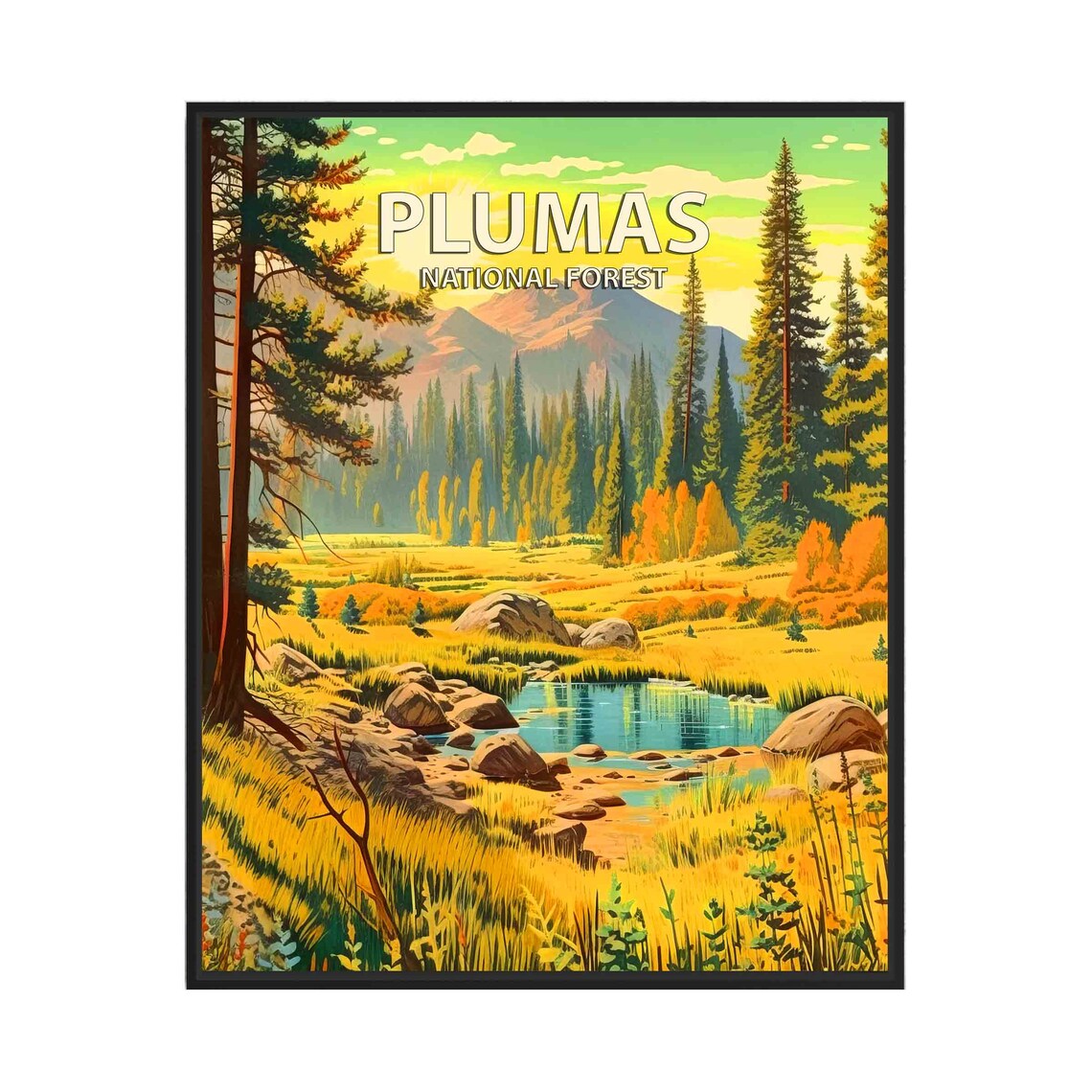 Plumas National Forest Golden Meadow Vintage Style Nature Poster