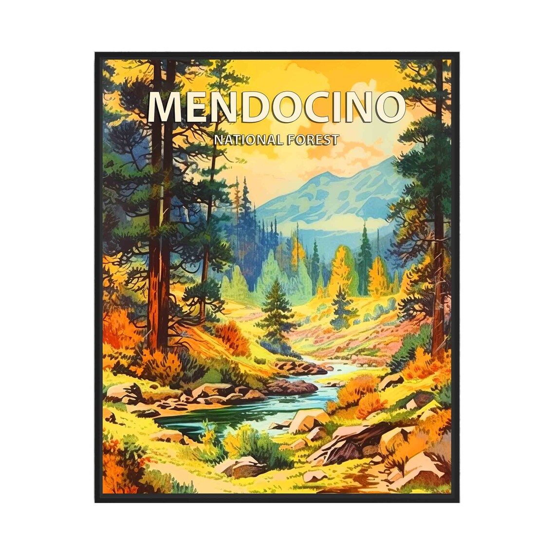 Mendocino National Forest Vintage Golden Autumn Travel Poster