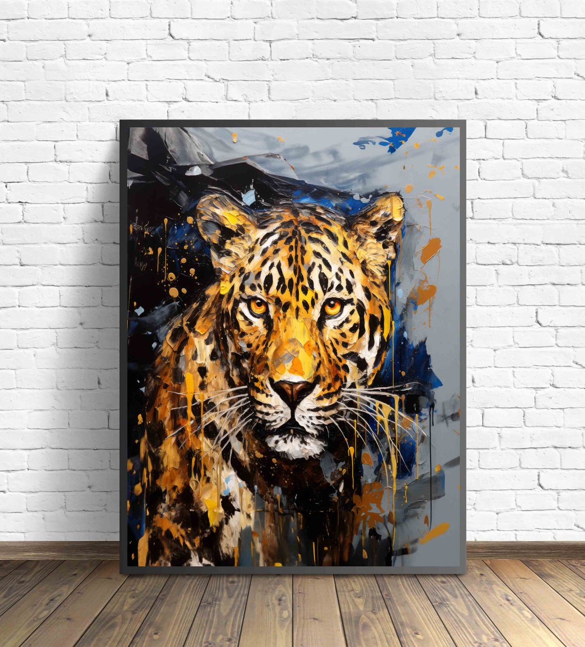 Striking Leopard Face Golden Abstract Wild Cat Painting Wall Art - Image 3