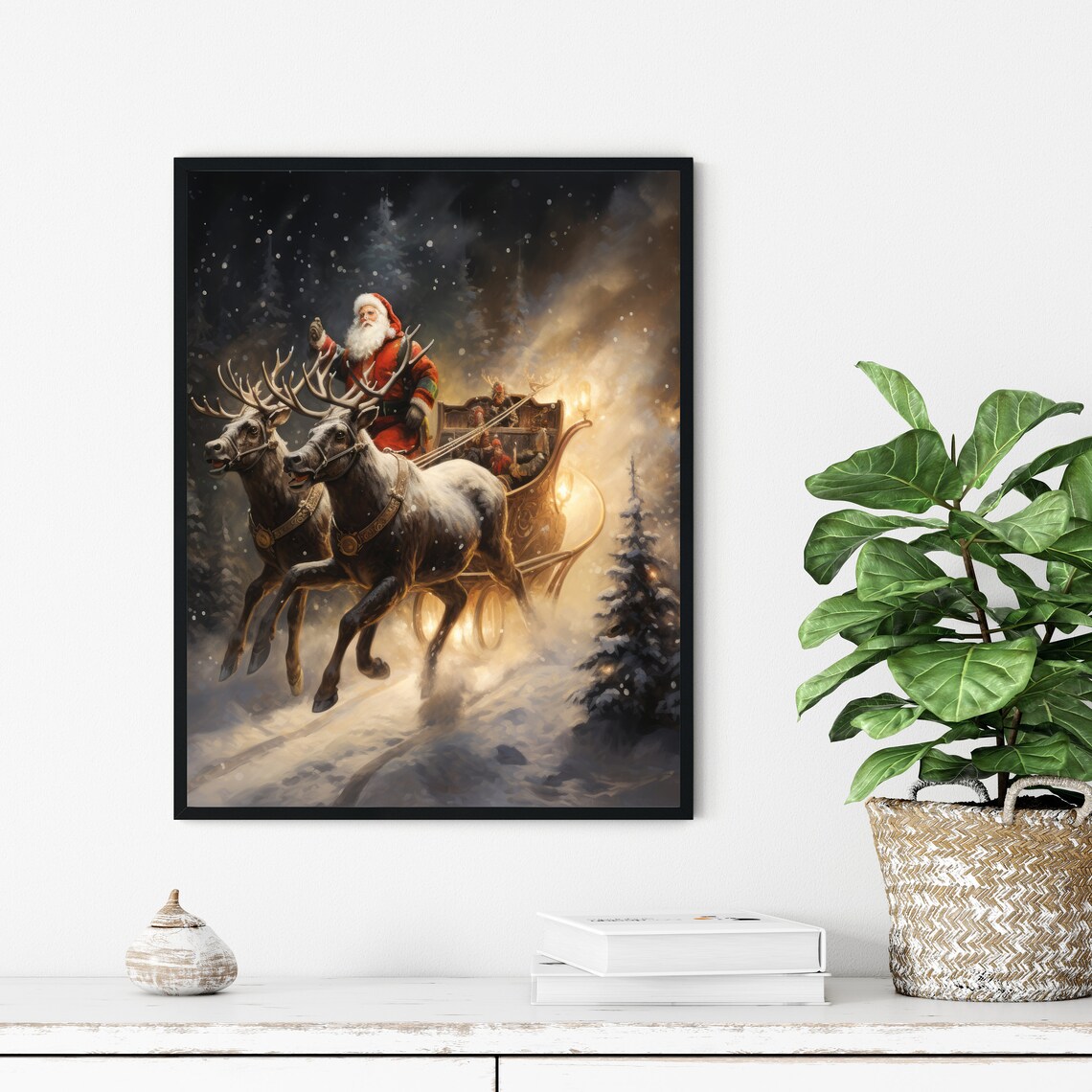Santa Claus Sleigh Reindeer Night Flight Christmas Decor Art Print - Image 3