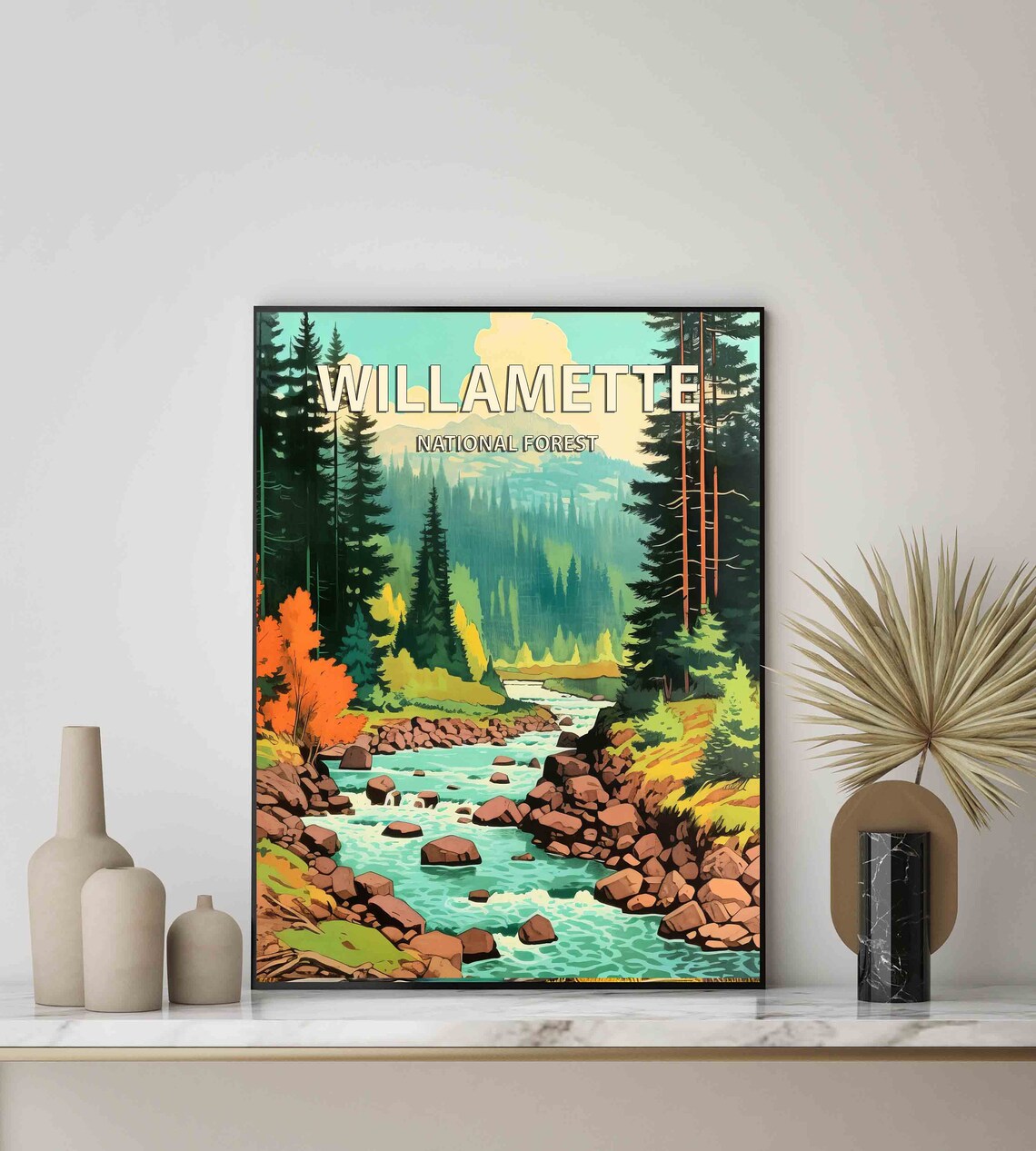 Willamette National Forest Turquoise River Rapids Retro Travel Poster - Image 3
