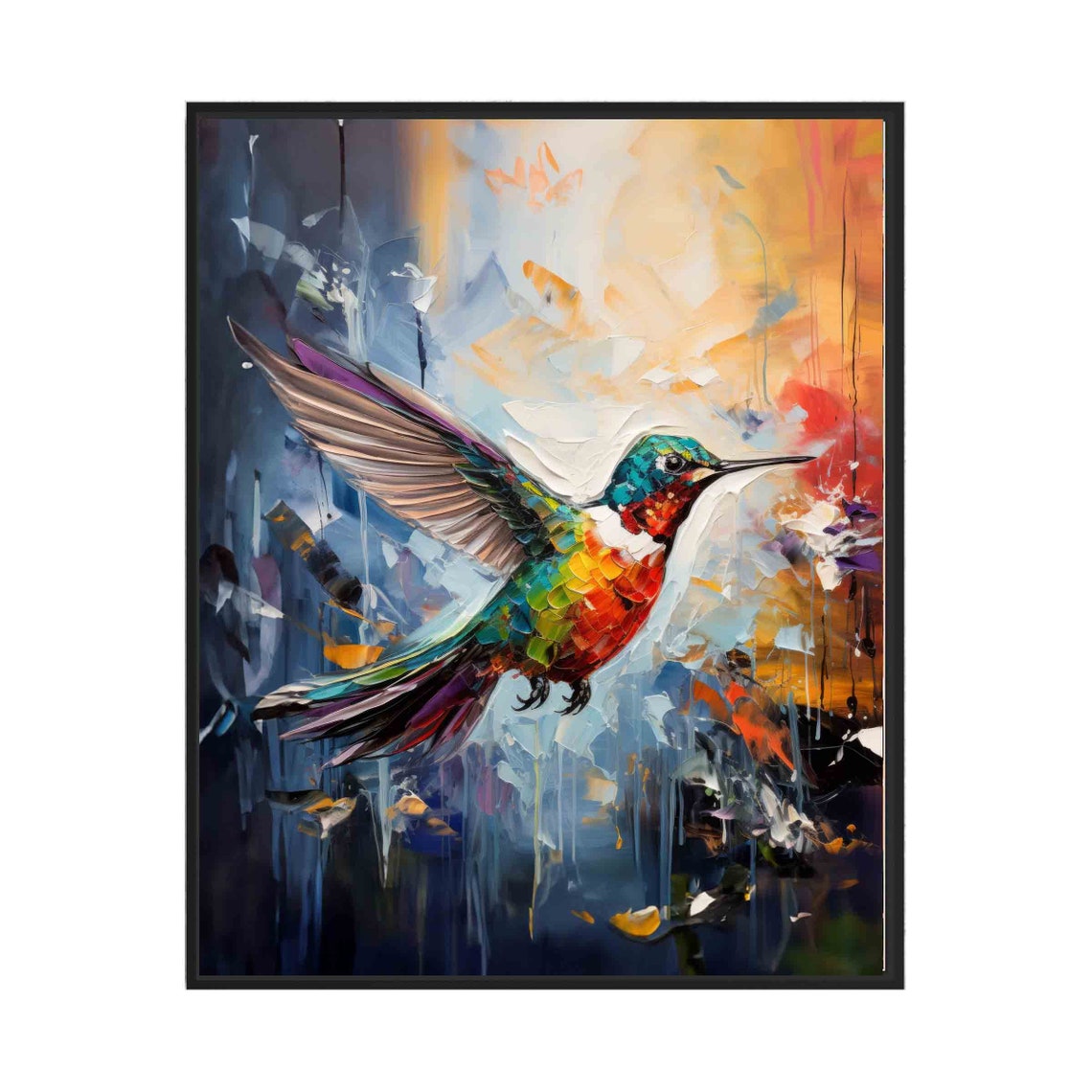 Rainbow Hummingbird in Flight Abstract Colorful Bird Wall Art