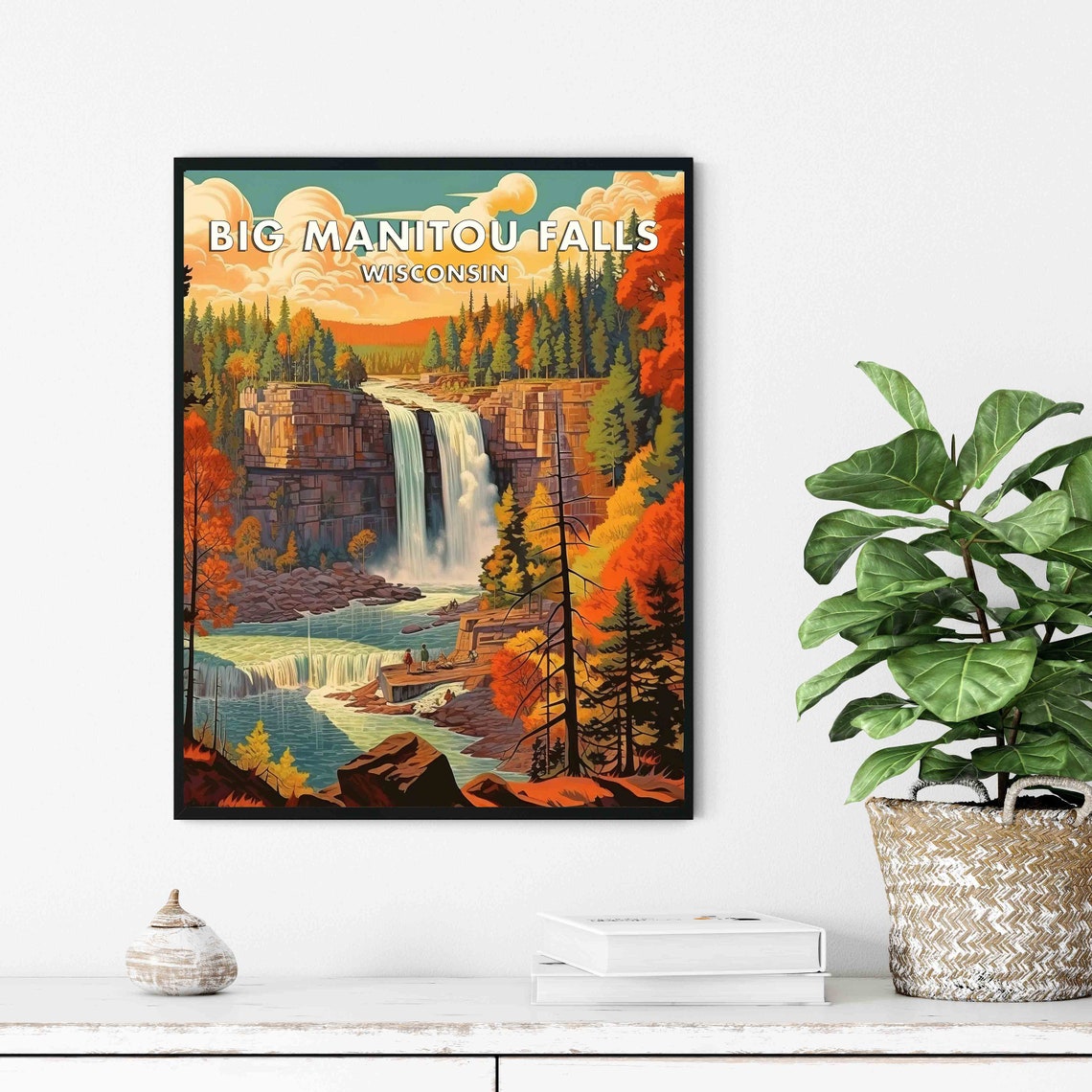 Big Manitou Falls Wisconsin Twin Cascade Autumn Travel Poster - Image 3