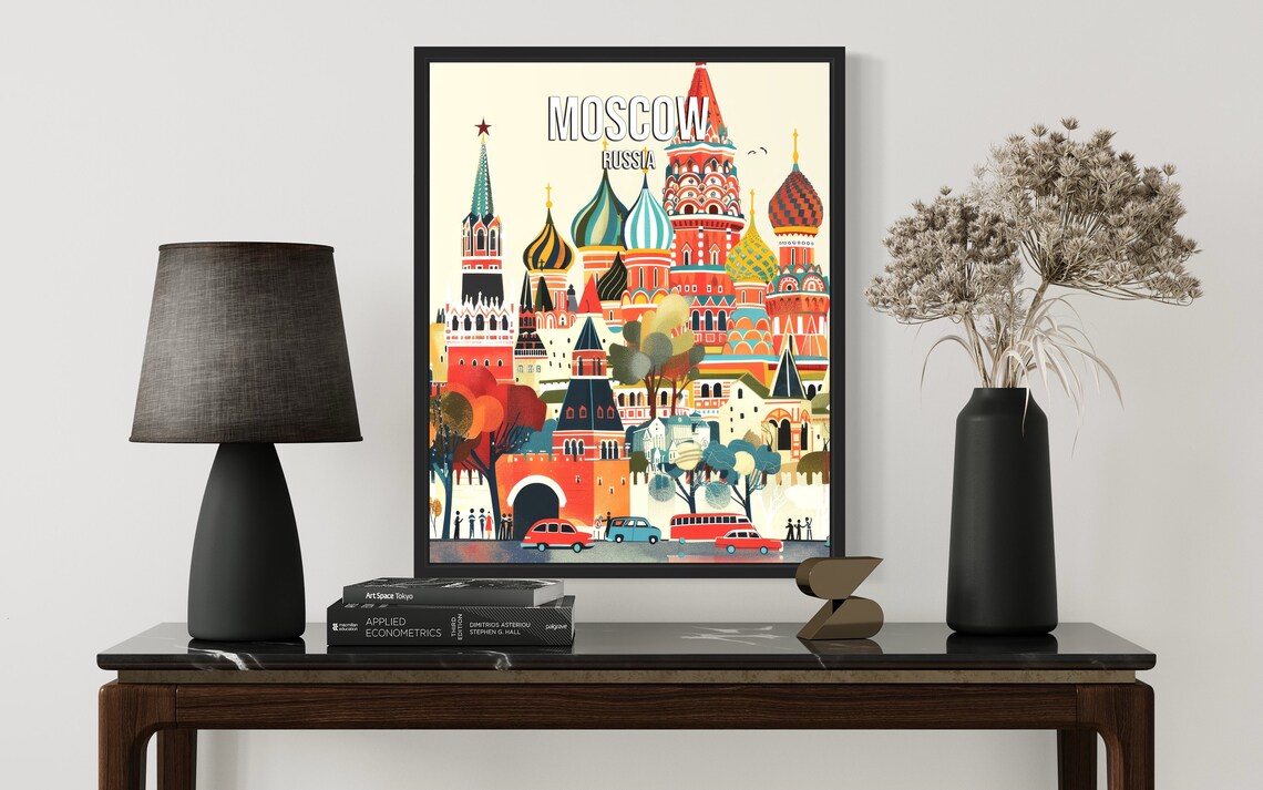Moscow Russia Saint Basils Cathedral Colorful Retro City Poster - Image 2