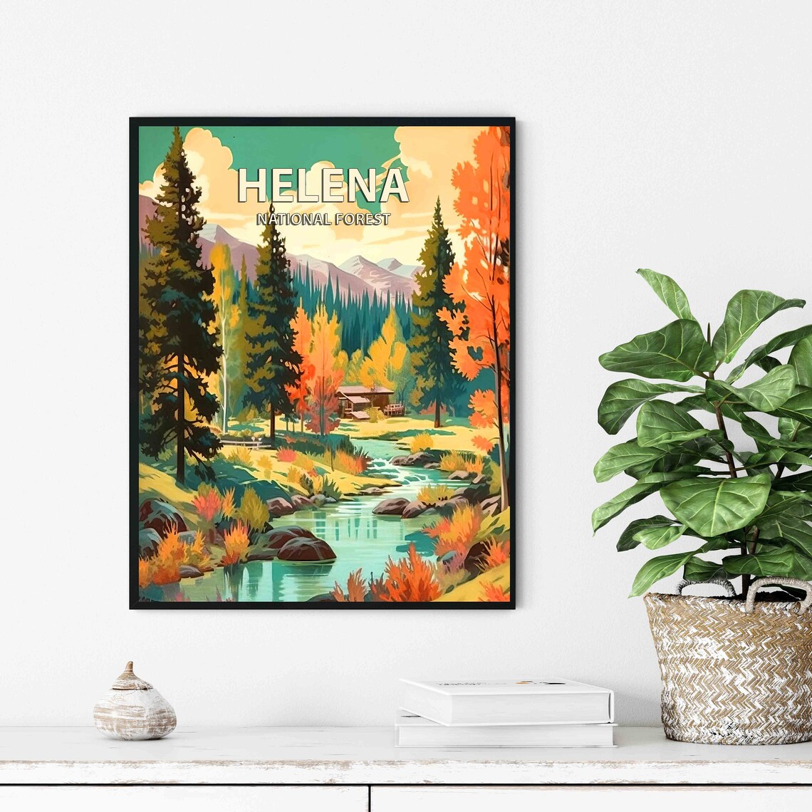 Helena National Forest Montana Retro Autumn Creek Cabin Poster - Image 2