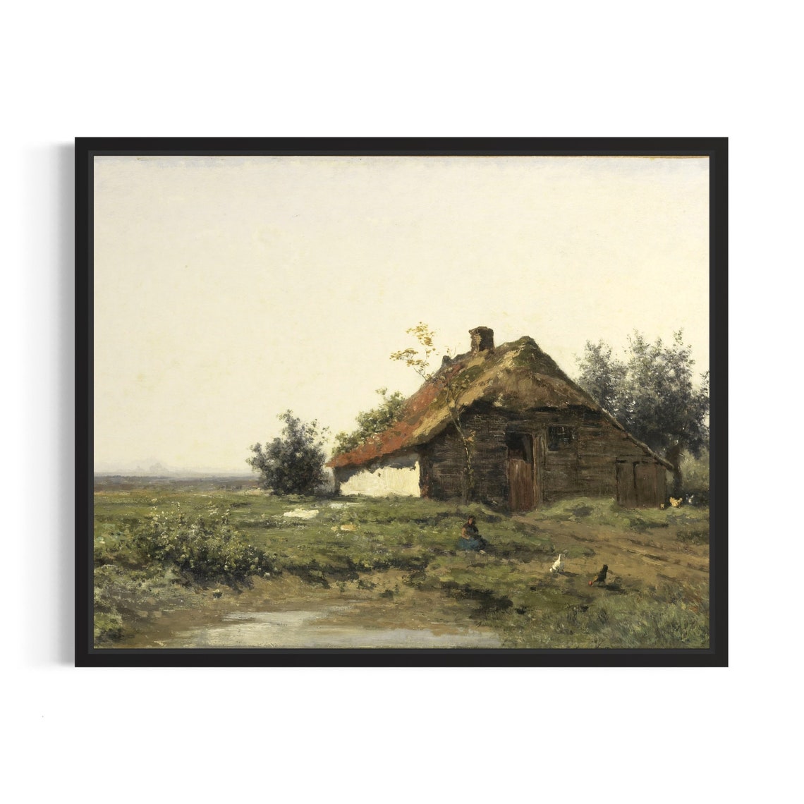 Thatched Cottage by Stream Vintage Marsh Landscape Painting Poster