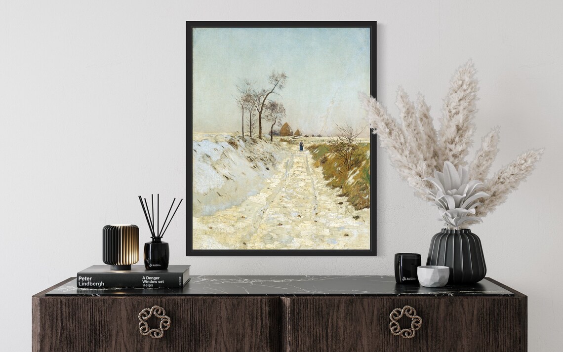 Snowy Rural Country Road Lonely Winter Landscape Vintage Art Poster - Image 2