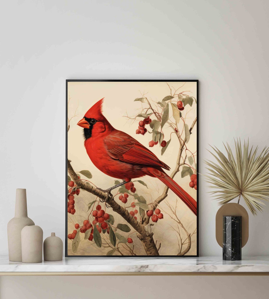 Northern Cardinal on Berry Branch Vintage Audubon Style Art Poster - Image 2