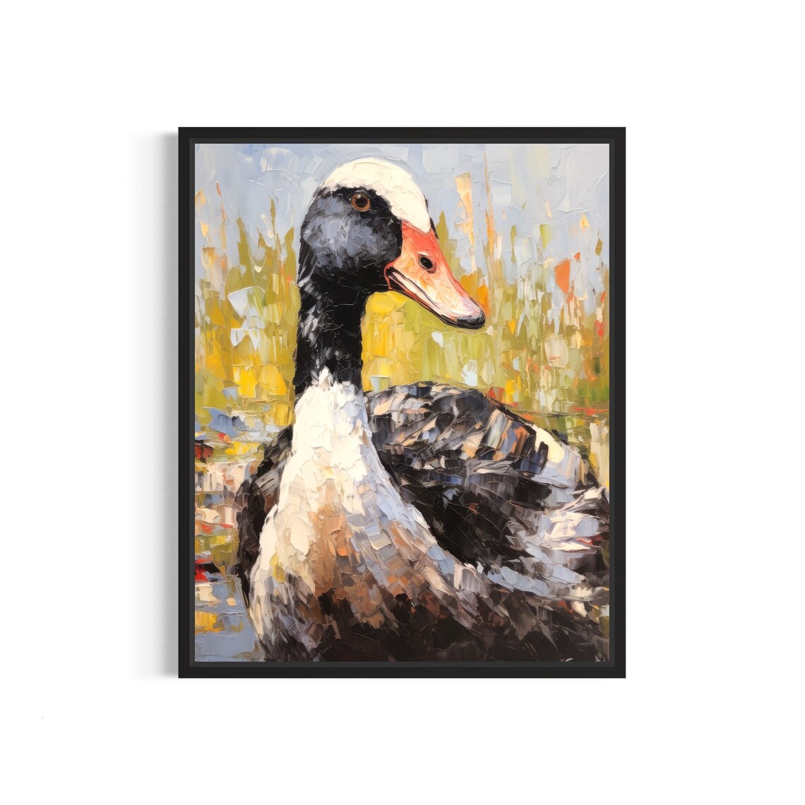 Dark Feathered Goose Coral Bill Palette Knife Abstract Painting Poster
