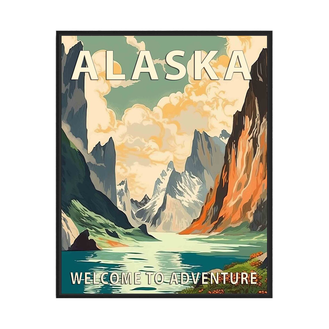 Alaska Wilderness Adventure Retro Fjord Between Towering Peaks Poster