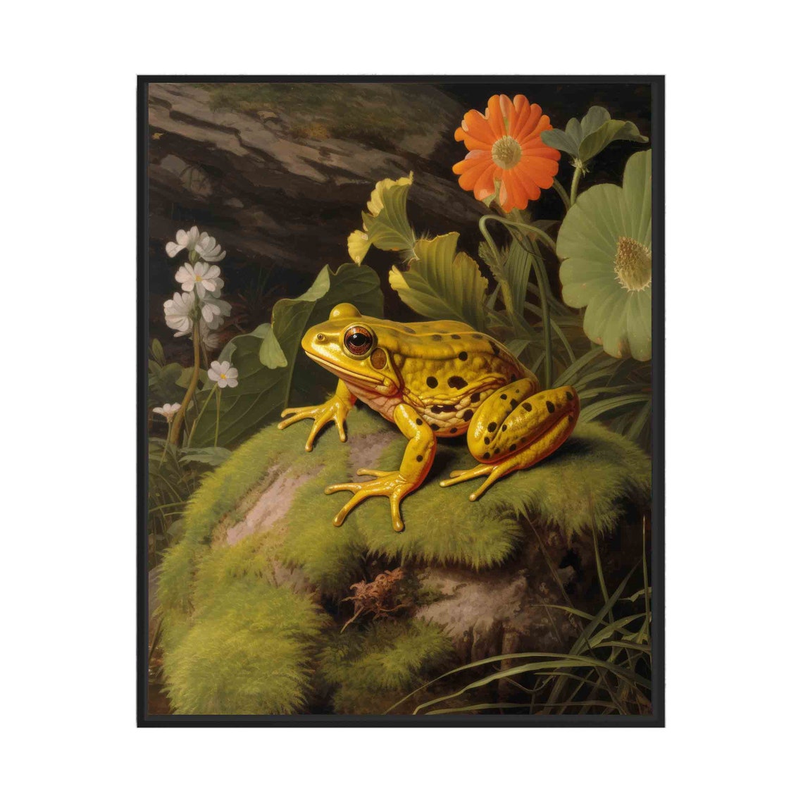 Golden Frog on Mossy Rock Vivid Vintage Nature Painting Poster