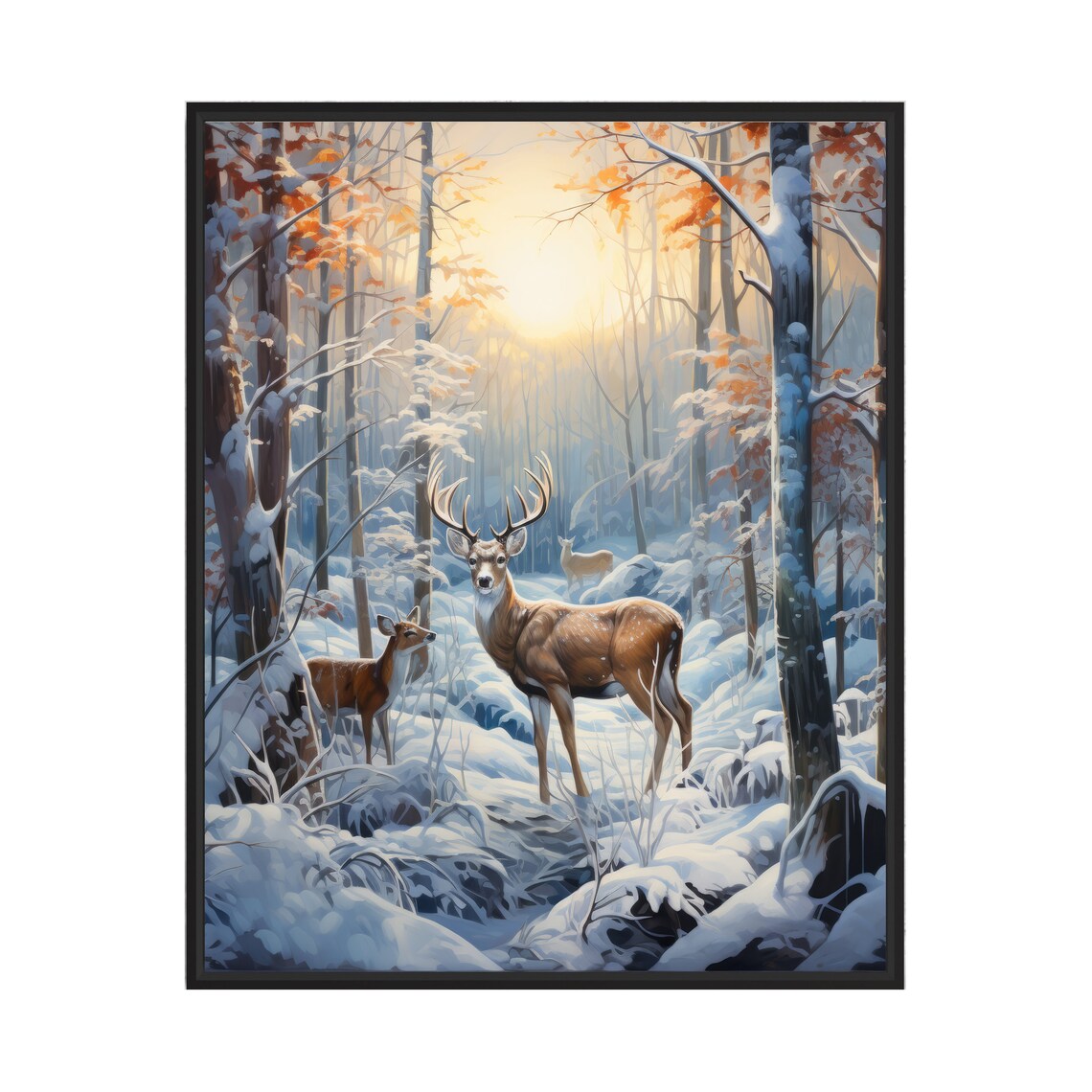 Deer Family in Snowy Winter Forest Sunrise Holiday Art Poster