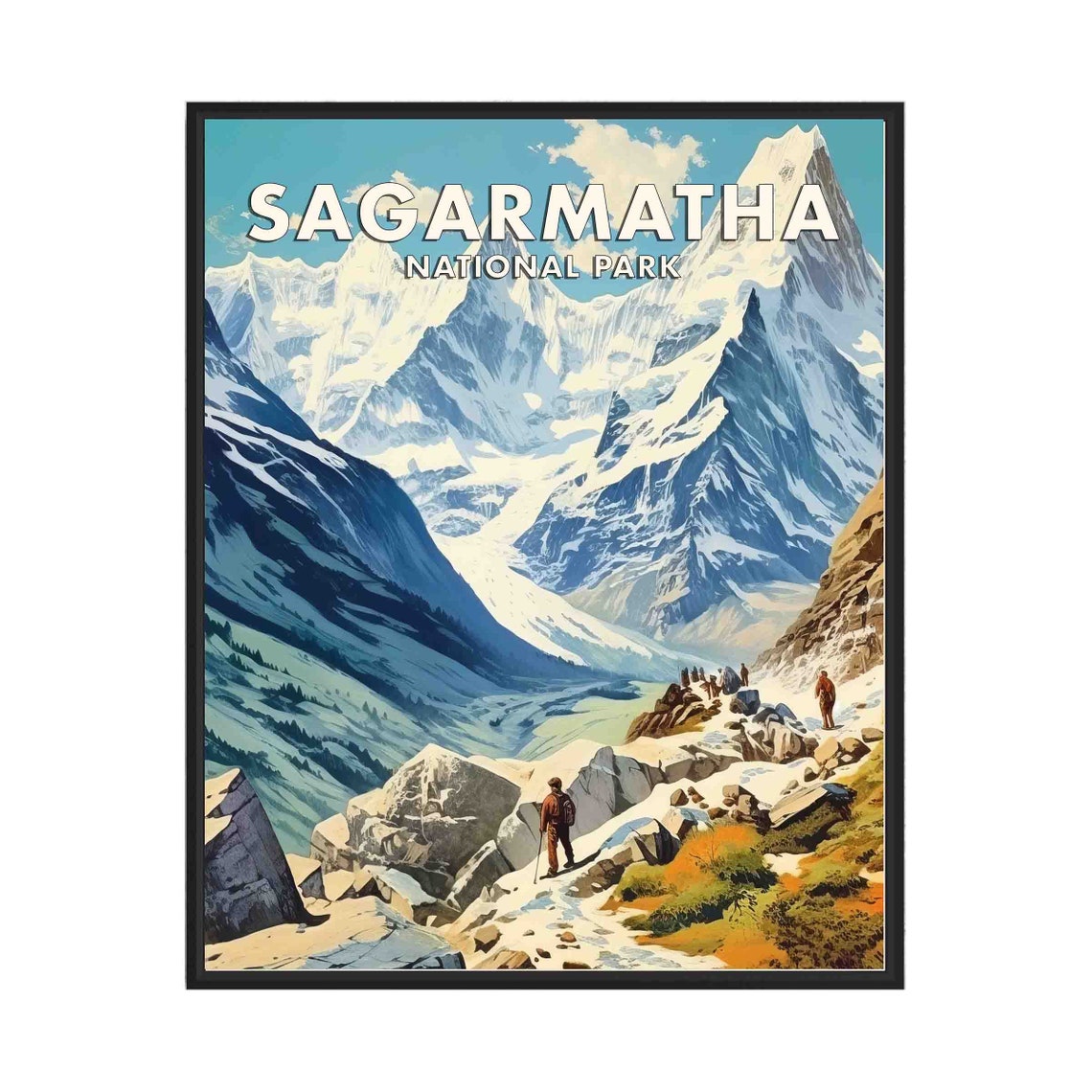 Sagarmatha National Park Snowy Peaks Trekkers Vintage Travel Poster