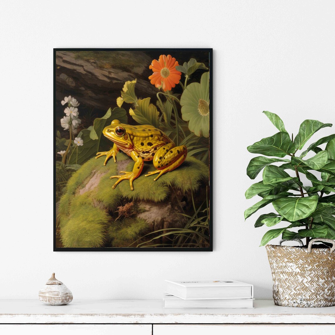 Golden Frog on Mossy Rock Vivid Vintage Nature Painting Poster - Image 3