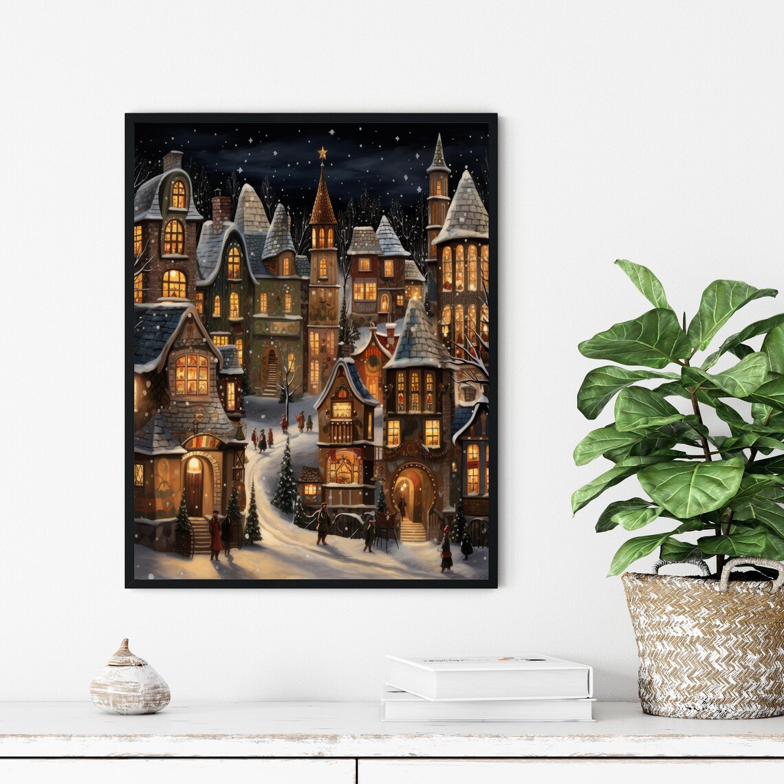 Snowy Christmas Village at Night Storybook Winter Town Art Poster - Image 2