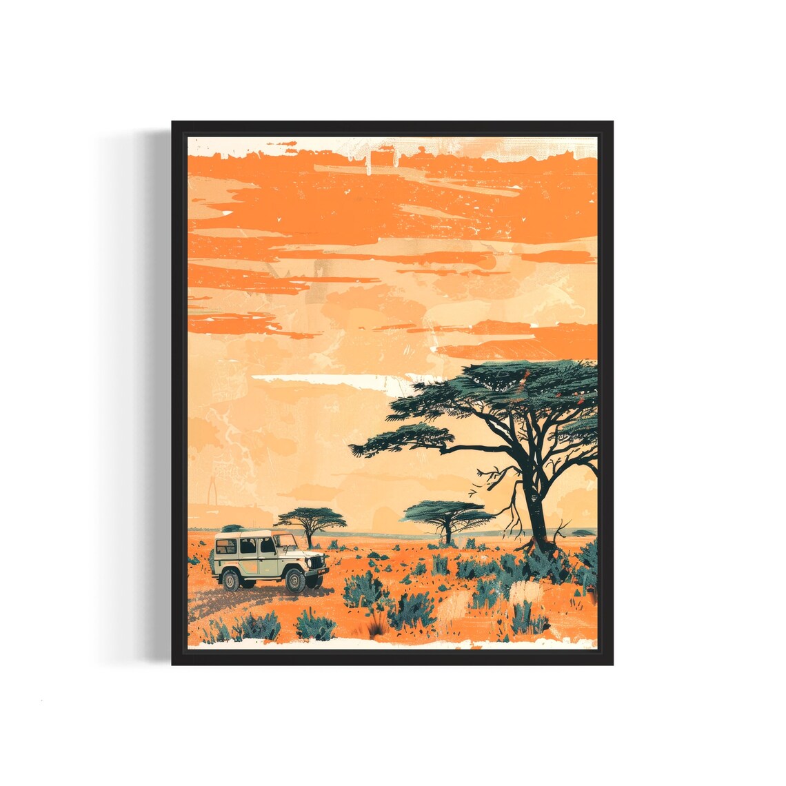 African Safari Sunset Retro Poster Vintage Jeep and Acacia Tree